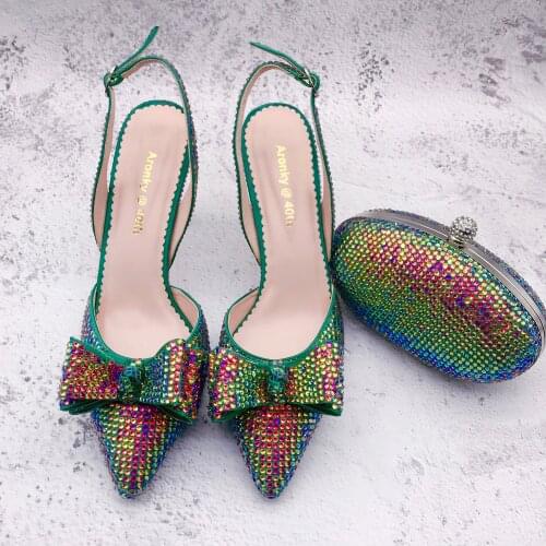 BS1345 Custom Handmade SlingBacks Dress Pumps Big Size High Heel Women Shoes Multicolor Crysta Bridal Wedding Shoes And Bag Set