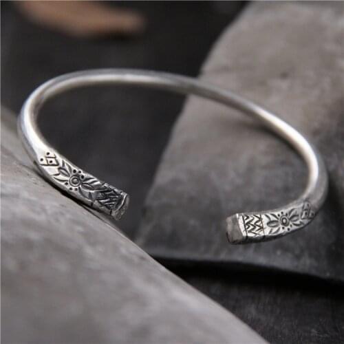 Retro Thai Silver Chiang Mai Handmade S925 Sterling Silver Pattern Solid Bangle Open Ended Women Bangle