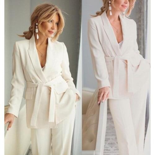 Ivory 2021 Mother of the Bride Pant Suits with Belt Slim Fit Evening Party Prom Blazer OL Outfit Women Tuxedos (Jacket+Pants)