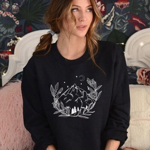 Floral Mountain Scene 100% Cotton Sweatshirt Aesthetic Long Sleeve Wanderlust Pullovers Women Adventure Camping Sweatshirts