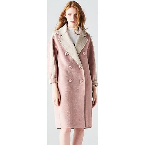 Long woolen blends cashmere coats for women 2019 autumn winter casual ladies jackets plus size overcoat beige pink double sided