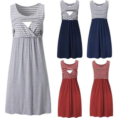 Womens Sleeveless Nursing Tank Dress Stripe Maternity Dress Breastfeeding Pregnancy Clothes Pregnant Women Summer Dresses D30