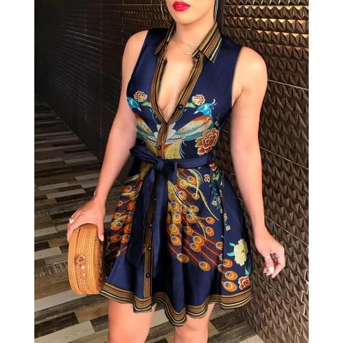2020 Women Fashion Elegant V Neck Sexy Turn Down Collar Belt Mini Sleeveless Peacock Print Tie Waist Shirt Dress