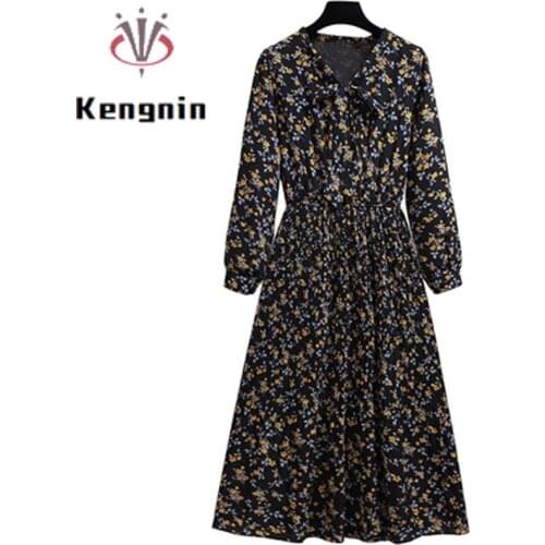 Large Size Women Tunic Dresses New Autumn All-Match Ladies Vestidos Dress Bow Print Floral Long Sleeve Female Robe Dress KE1881