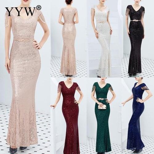 Vintage Sequined Women Evening Dress V Neck Short Sleeve Bead Tassel Mermaid Party Gowns Short Sleeve Sexy Robe Elegant Dresses
