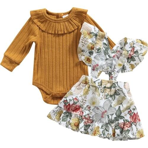 2Pcs Autumn Infant Clothes For Baby Girl Fashion Cotton Romper Floral Suspender Dress Outfits Suit Toddler Girl Clothing Set