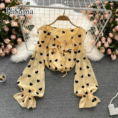 2021 summer new female ruffles lantern sleeve ruffles Heart-shaped print chiffon shirts women elegant waist blouses chic shirt