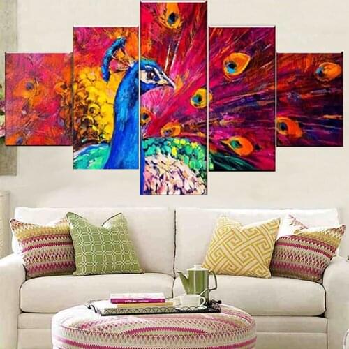 5 Pieces Wall Art Canvas Painting Abstract Animal Poster With Peacock Home Decoration Picture Modern Living Room Bedroom Modular