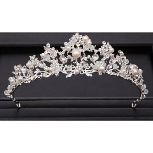 AiliBride Pearl Crystal Silver color Princess Tiara and Crown Wedding Hair ornaments Bridal Headpiece Women Party Hair Jewelry