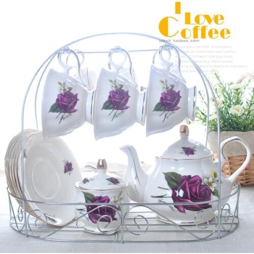 Free shipping Ceramic 15pcs Coffee Fashion Tea set Coffee Pot Coffee Cup Set purple rose 800ml Kettle