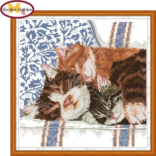 GG Intimate Cat Family Joy Sunday Cross Stitch Embroidery Needlework Kit 14CT 11CT Cotton Canvas Cross Stitch Set for Home Decor