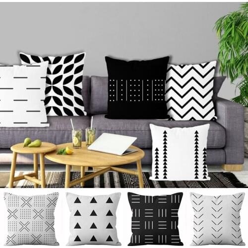 Short Plush Cushion Cover Black White Geometric Sofa Pillow Cases Bedroom Home Decor Car Office Decorative