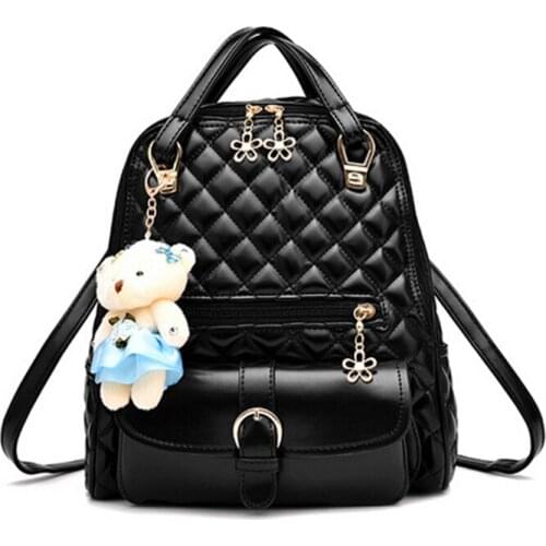 Lady style diamond lattice backpack womens PU leather backpack bags cute bear doll trendy backpacks with front pocket
