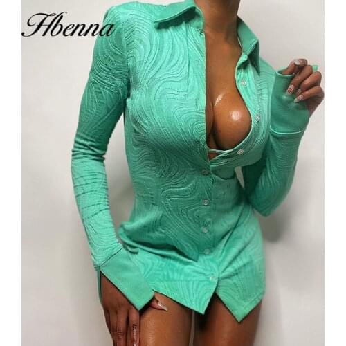 Hbenna Long Sleeve Mini Dress Turn Down Collar Sexy Slim Button Up Casual 2021 Fashion Atumn Party Dresses Women Solid Color