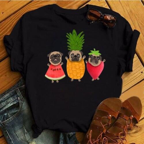 Cartoon Kawaii Dog Fruit Printed T Shirt Women Fashion T Shirt New Black Tops Female Ladies Cute Graphic Tee Shirt Woman Tshirts