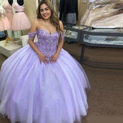 Charming Lilac Ball Gown Quinceanera Dresses Off the Shoulder Lace Appliques Beaded Sequined Tulle Skirt Special Occasion