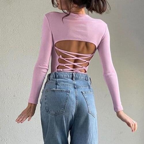 2021 Autumn Womens Color Slim Sexy Open Backless Cross LfrenulumLong Sleeve T-Shirt Women Sexy Tops