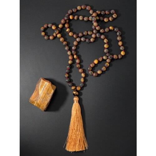 OAIITE 108 Natural Moss Picasso Jasper Bead Necklace Bohemian Fashion Knotted Handmade Tassel Mala Necklace for Women Men