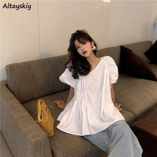 Plus Size Blouses Women 2021 Korean Style Ins Loose All-match Tops Shirring Design Short Sleeve Casual Sexy V-neck Solid Elegant