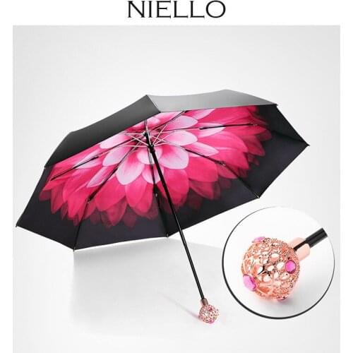 Luxury Golden Umbrella Sun Handle Parasol Double Layer Women Umbrella UV-Protection Flower Black Coating Parasol U5B