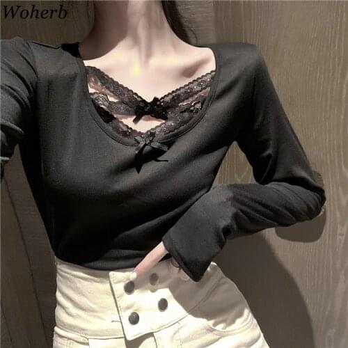 Woherb Bow Lace Up Black Shirt Female 2020 New Korean Fashion Long Sleeve T Sihrt Women Solid Lace O-neck Tops Tee 25856