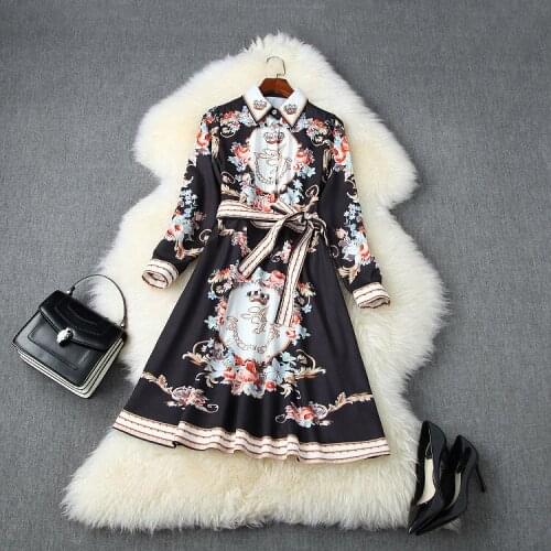 Womens European and American clothing 2021 autumn new style Long-sleeved crown with beaded lapel Retro floral print dresses