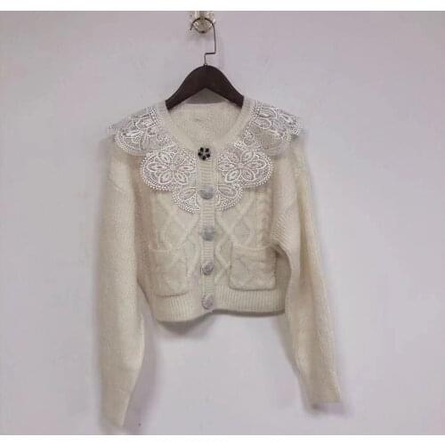 Women Lace Patchwork Round Neck Knitting Cardigan Sweater With Rhinestone Embellishment - White/Black/Blue Jumper Top On Sale