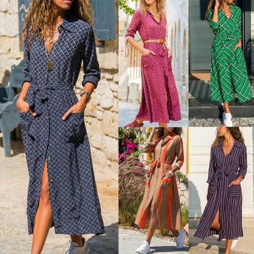 Women Summer Dress Print Maxi Dresses Women Long Sleeve Stripes Print Pockets Waist Belt Buttons Down Maxi Shirt Dress Long Dres
