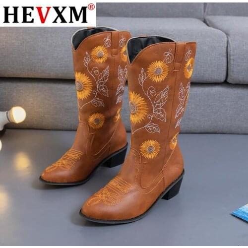 2020 Classic Embroidered Western Pu Leather Boots for Women Leather Cowgirl Boots Low Heels Shoes Knee High Woman Boots