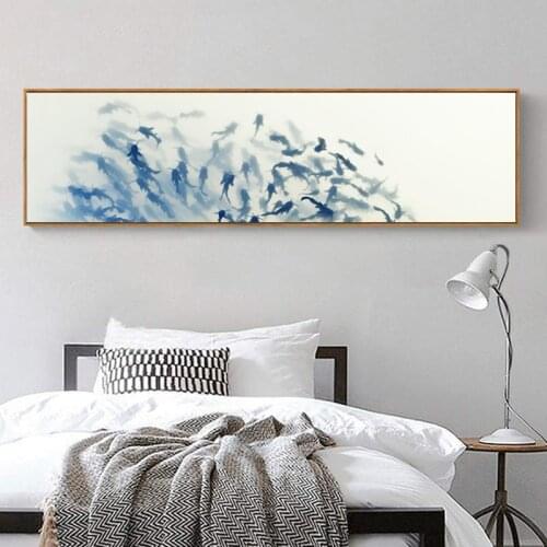 Abstract Poster Cartoon Blue Fish Group Canvas Painting Childlike Wall Art Pictures Print Living Room Decorative For Home Decor
