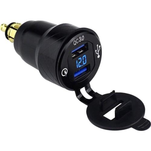 Aluminum Powerlet Plug to Dual Quick Charge 3.0 USB Charger Adapter with LED Voltmeter for BMW Motorcycle (Blue Light)