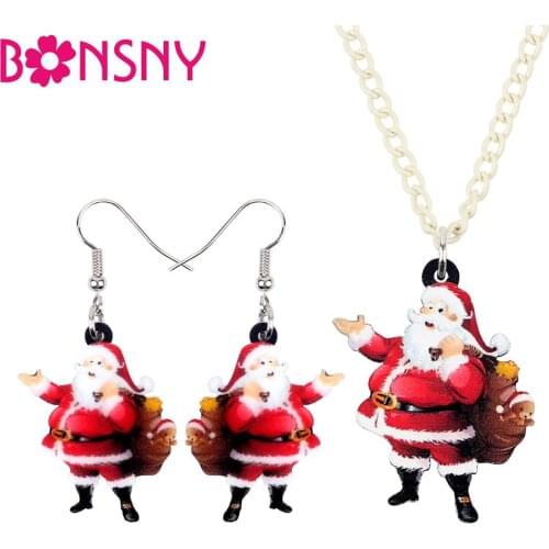 Bonsny Acrylic Christmas Santa Claus Gift Bag Jewelry Set Necklace Earrings For Women Girls Charms Festival Decoration Gift 2019