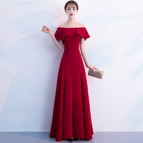 Off the Shoulder Burgundy Evening Dress Slim Girls Wedding Party Dress Prom Gown Dubai Long Zipper Bridal Dresses Ruffle