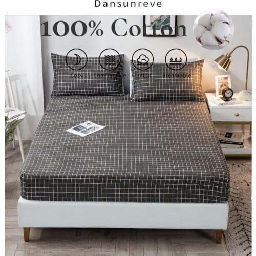 Dansunreve Grey Plaid Bed Linen Cotton Fitted Sheet With Elastic Band Twin Queen King Size High Quality Mattress Cover 180X200cm