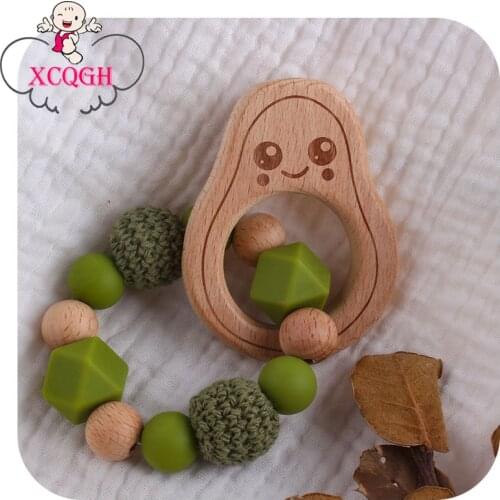 XCQGH Baby Toys Animal Beech Avocado Wooden Teether Food Grade Baby Teether Bracelet Wooden Toys For Baby Rattle