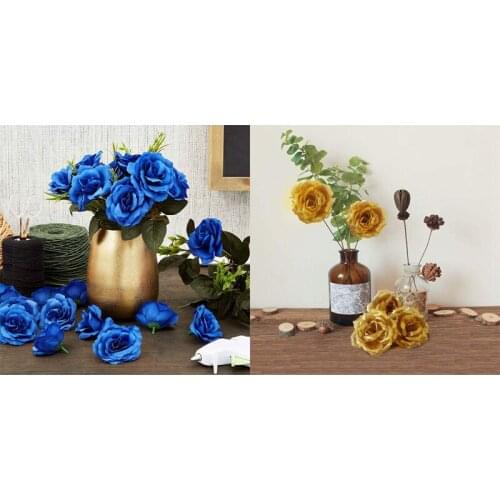 Artificial Flowers Silk Rose Flower Heads,100Pcs for Hat Clothes Album Decoration, Wedding Decoration (Dark Blue&Gold)