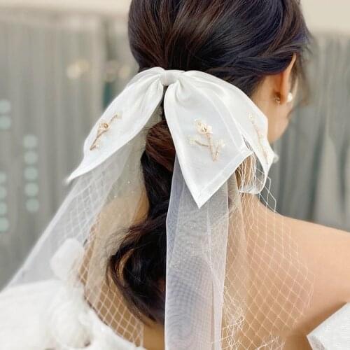 Korean Style Beautiful White Bow Mesh Crystal Embedded Hairclip Wedding Hair Accessories Wholesale
