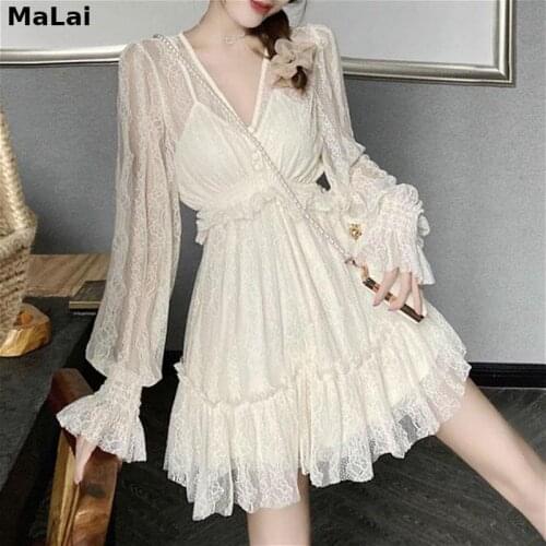Lace Elegant Dress Korean Women Long Sleeve Sexy Mini Fairy Party Dress Female Autumn 2021 V-Neck Solid Ruffles Vintage Dresses