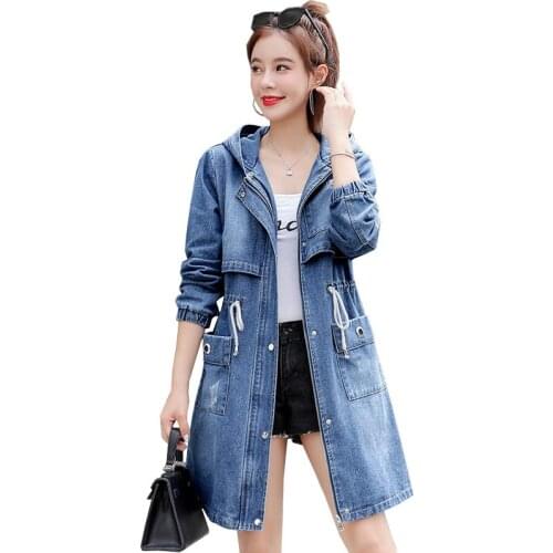 Spring Autumn Korean New Hooded Denim Jacket Women Outerwear Oversized Loose Vintage Windbreaker Coat Female Mid-length Outcoat