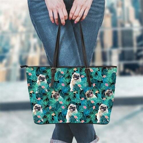 FORUDESIGNS New Trend Luxury Leather Handbag For Women Hawaii Hibiscus Flower With Pug Dog Printed Vintage Female Shoulder Bag