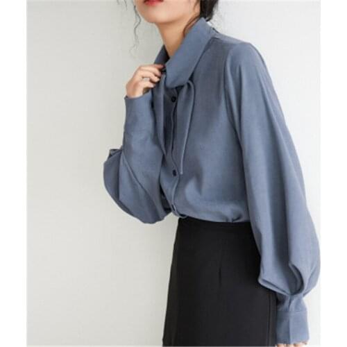 New Arrival Women Vintage Solid Blouse Bow Tie Lantern Sleeve Shirt Button Up Loose Office Lady Top Feminina Blusas PZ2743