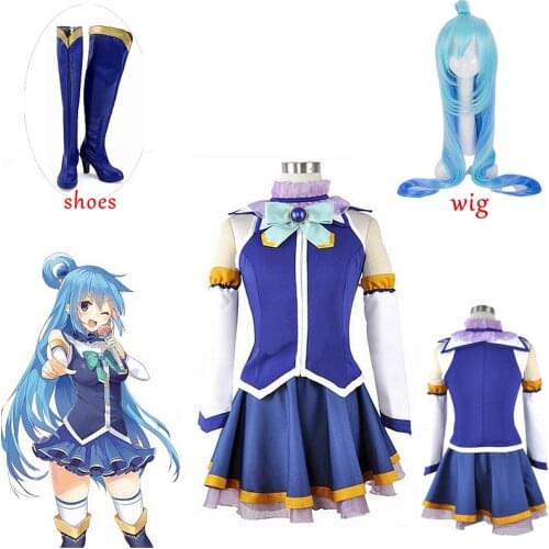 Anime KonoSuba God Blessings On This Wonderful World Aqua Tops Dress Uniform Outfit Anime Cosplay Costumes Wigs and shoes
