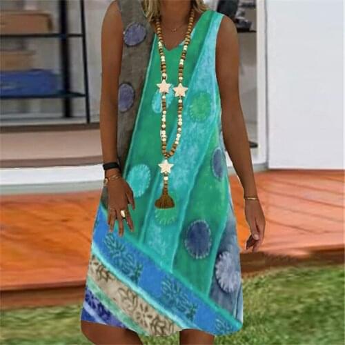 Plus Size 5XL Womens Elegant V-neck Sleeveless Casual Loose Dress Printed Splicing Harajuku Pullover Dress Fashion Street Style