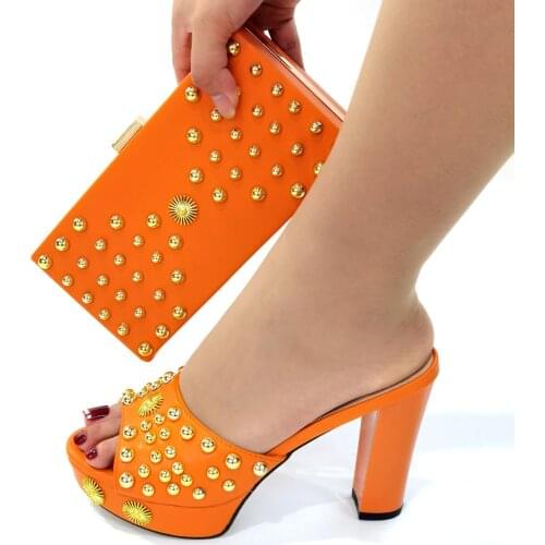 Beautiful Orange High Heel 10.3CM Women Shoes With Beads Decoration African Dressing Pumps Match Purse Set CR140