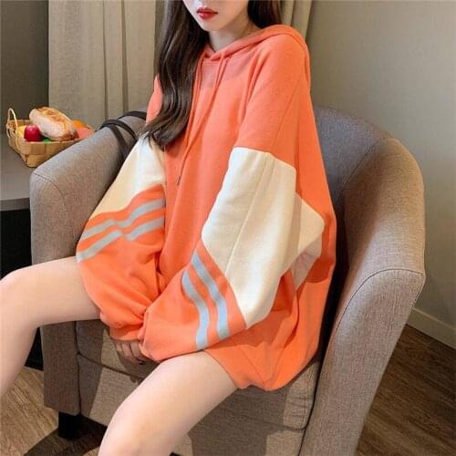 2019 Harajuku Japanese Sweatshirt Women Clothes Autumn Orange Hoodies Patchwork Long Sleeve Pullover Loose Jumper Hoodie Females