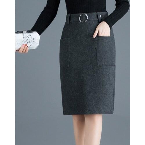 Womens Autumn Winter Ol Korean Office Straight Skirt Womens 2020 Black Grey Work Wear Wool Skirts Belt Pocket Formal Jupe Falda