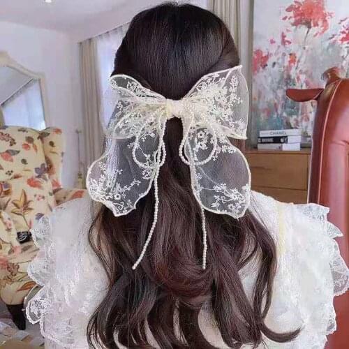 New Fashion Lace Ribbon Flowers Big Bow Cloth Hair Clip Trendy Hairpin Sweet Hairgrip Woman Elegant Hair Accessories Ornament