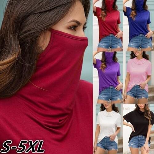 Womens Casual Loose Round Neck Short Sleeve Face Mask Top T-shirt Ladies Mask Dustproof Turtleneck T-shirt Large Size S-5XL