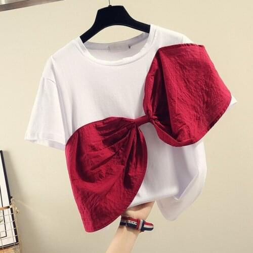 Big Bow Patchwork Woman T shirts 2021 Summer New Loose Slim Lady Elegant Pulls Tops Tees Top Quality