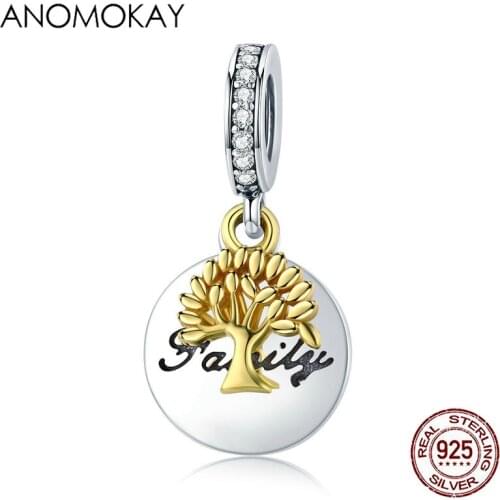 Anomokay Classic 925 Sterling Silver Gold Color Family Tree Charm fit Bracelets Necklace White CZ S925 Silver Plant Bead Pendant
